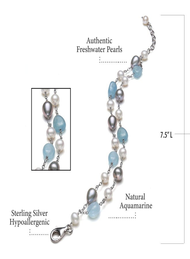 Belacqua Milky Blue Aquamarine and Pearls Chain Station Tin Cup Bracelet in Sterling Silver, Length- 7.5 Inches, Real Pearl Jewelry for Women, Gift Box Included - Image 3