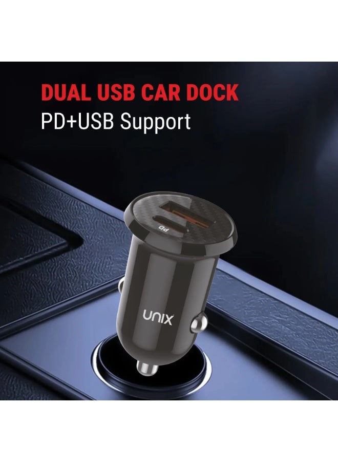 Unix UX-C77 Car Charger with USB & Type-C Port | 25W Fast Charging with Smart IC | Cigarette Charger for Car | Compact & Lightweight Car Dock - Image 3