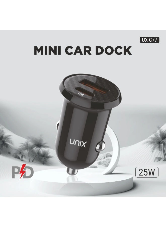 Unix UX-C77 Car Charger with USB & Type-C Port | 25W Fast Charging with Smart IC | Cigarette Charger for Car | Compact & Lightweight Car Dock - Image 2
