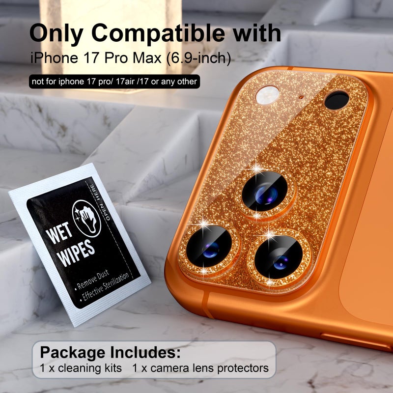 Choiche Compatible for iPhone 17 Pro Max Camera Lens Protector, Bling Camera Cover with 9H Tempered Glass Lens Screen Protector Metal Ring Decoration Accessories 6.9-inch (Glitter-Orange) - Image 2