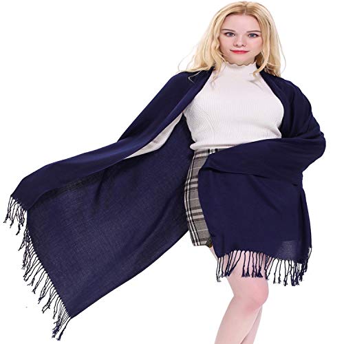 CJ Apparel Dark Blue Navy Blue Solid Color Tassels Design Nepalese Shawl Scarf Wrap Stole Throw Head Wrap Pashmina Hand Made in Nepal New - Image 1