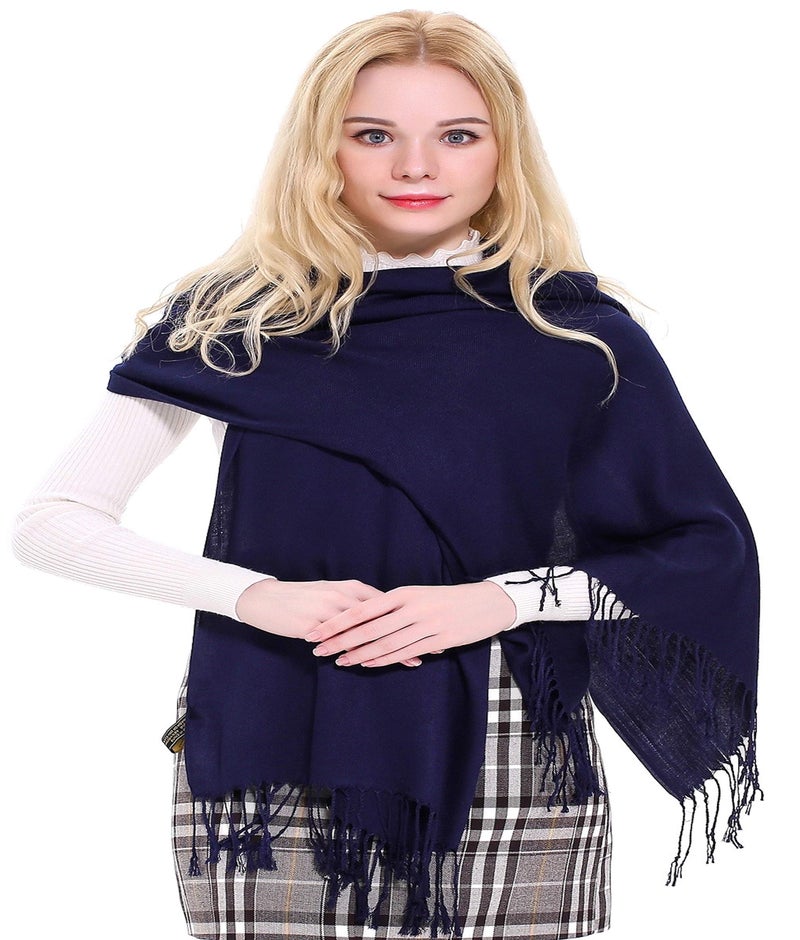 CJ Apparel Dark Blue Navy Blue Solid Color Tassels Design Nepalese Shawl Scarf Wrap Stole Throw Head Wrap Pashmina Hand Made in Nepal New - Image 2