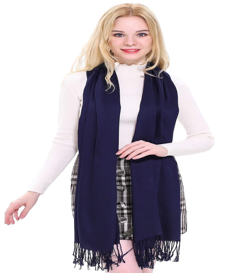 CJ Apparel Dark Blue Navy Blue Solid Color Tassels Design Nepalese Shawl Scarf Wrap Stole Throw Head Wrap Pashmina Hand Made in Nepal New - Image 5