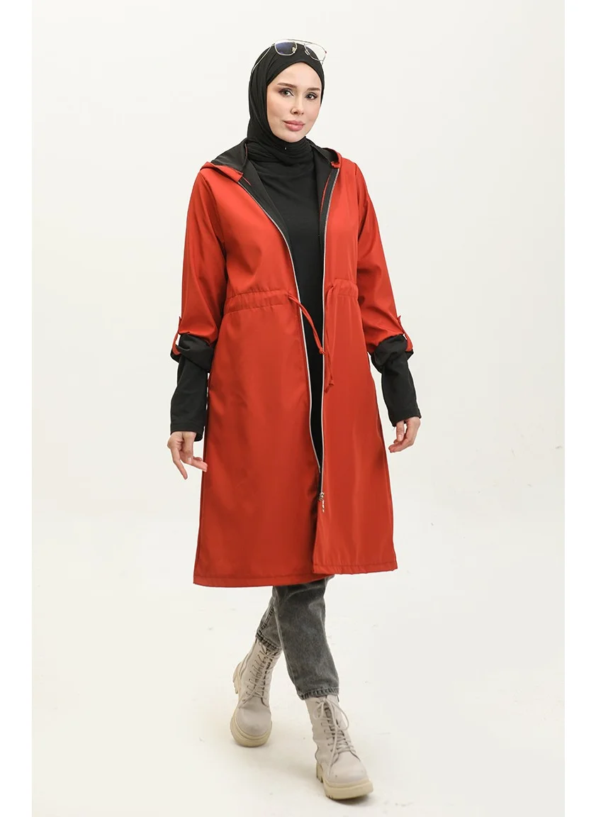 Sefa Merve Waist Drawstring Hooded Raincoat 0295-02 Brick