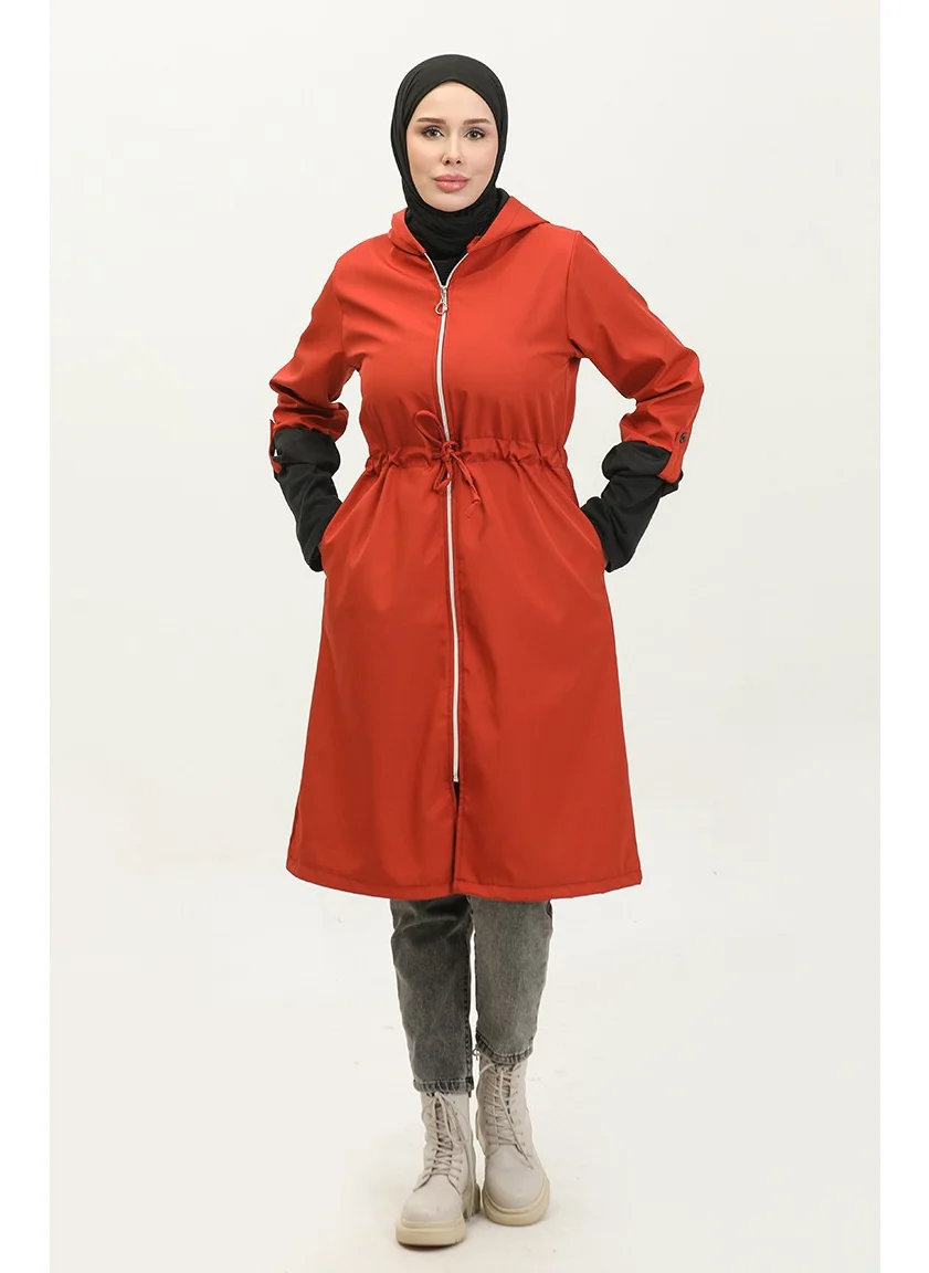Sefa Merve Waist Drawstring Hooded Raincoat 0295-02 Brick