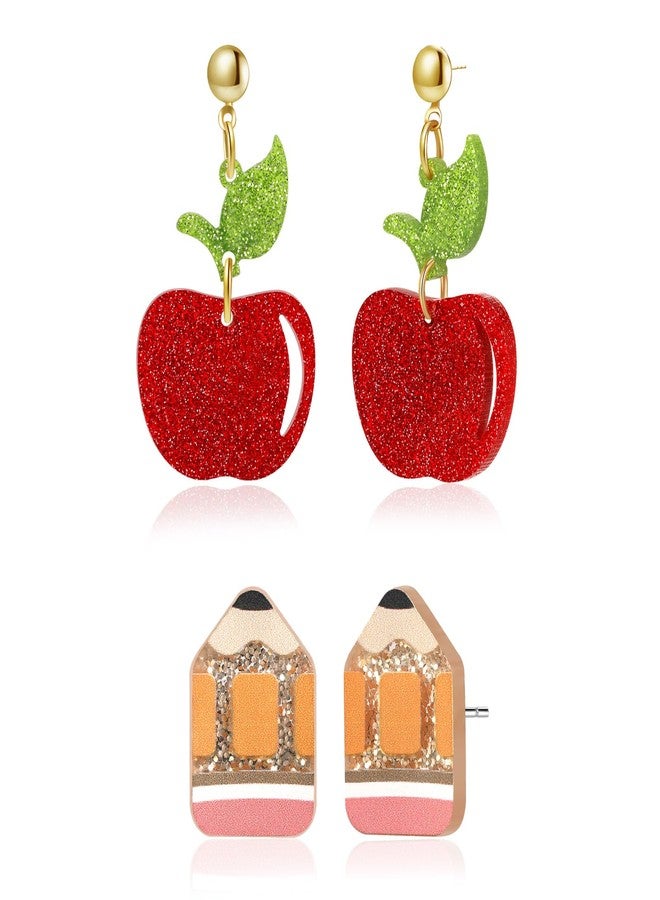 Joyline Teacher's Earrings for Women - Cute Apple & Pencil Lightweight Acrylic Stud Earrings for Teacher Appreciation Day Birthday Gifts - Image 1