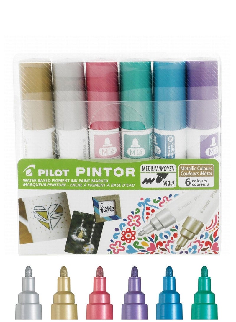 PILOT 6-Piece Pintor Water Based Paint Marker Medium 1.4mm Tip Metallic Colours - Image 1