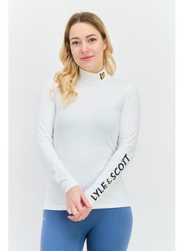 Women Mock Neck Long Sleeves Brand Logo Top, White