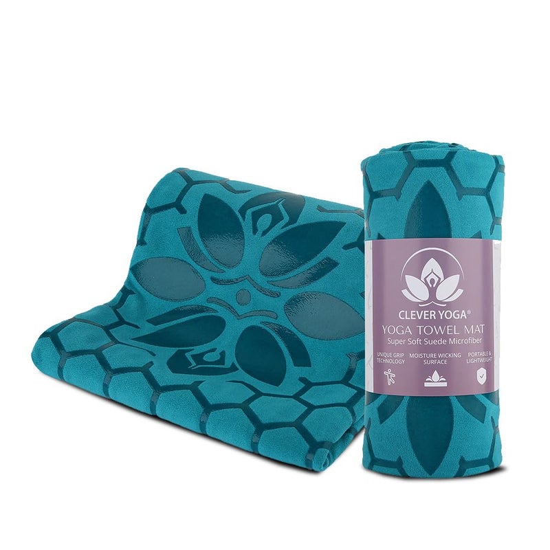 Clever Yoga NonSlip Hot Yoga Towel Mat  Sweat Absorbent Microfiber Suede  Double Sided Grip Hot Yoga Mat Towel with Honeycomb Design Easy Portable for Pilates Exercise Workout  Turquoise