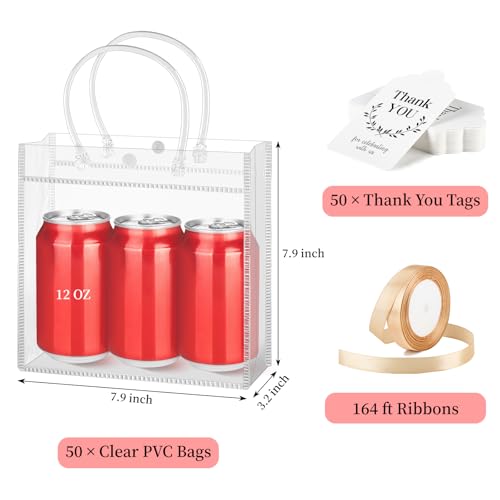 Mauproy 50 Pack Clear Plastic Gift Bags with Handles, Party Favor Bags with Ribbons and Tags, Reusable Goodie Tote Bag for Mother's Day Wedding Baby Shower (7.9” x 7.9” x 3.2") - Image 2
