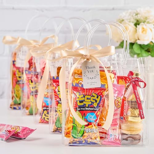 Mauproy 50 Pack Clear Plastic Gift Bags with Handles, Party Favor Bags with Ribbons and Tags, Reusable Goodie Tote Bag for Mother's Day Wedding Baby Shower (7.9” x 7.9” x 3.2") - Image 5
