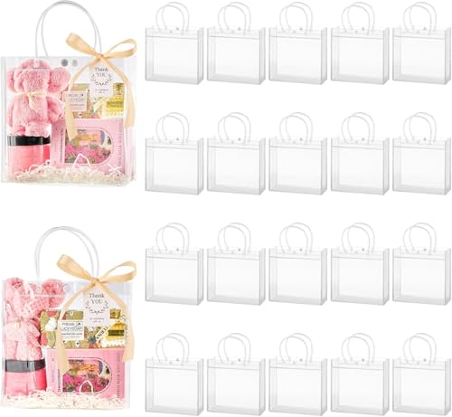 Mauproy 50 Pack Clear Plastic Gift Bags with Handles, Party Favor Bags with Ribbons and Tags, Reusable Goodie Tote Bag for Mother's Day Wedding Baby Shower (7.9” x 7.9” x 3.2") - Image 1