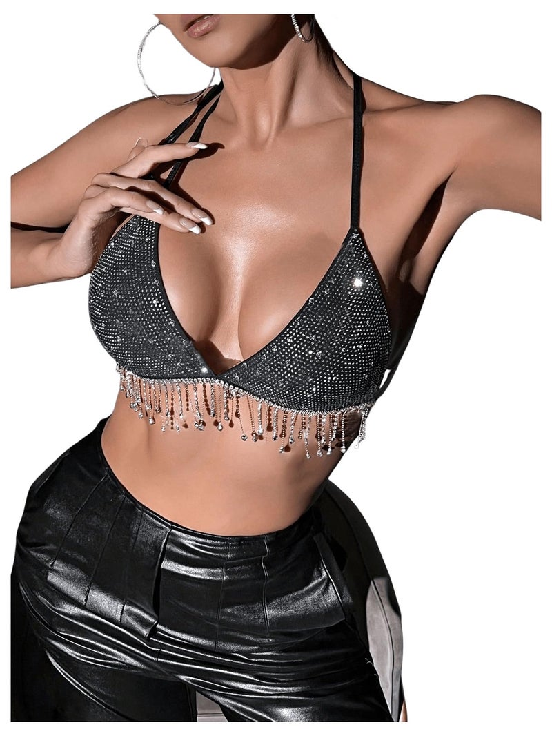 SHENHE Women's Sexy Sequin Halter Backless Rhinestone Fringe Glitter Party Club Crop Top Black Small - Image 2