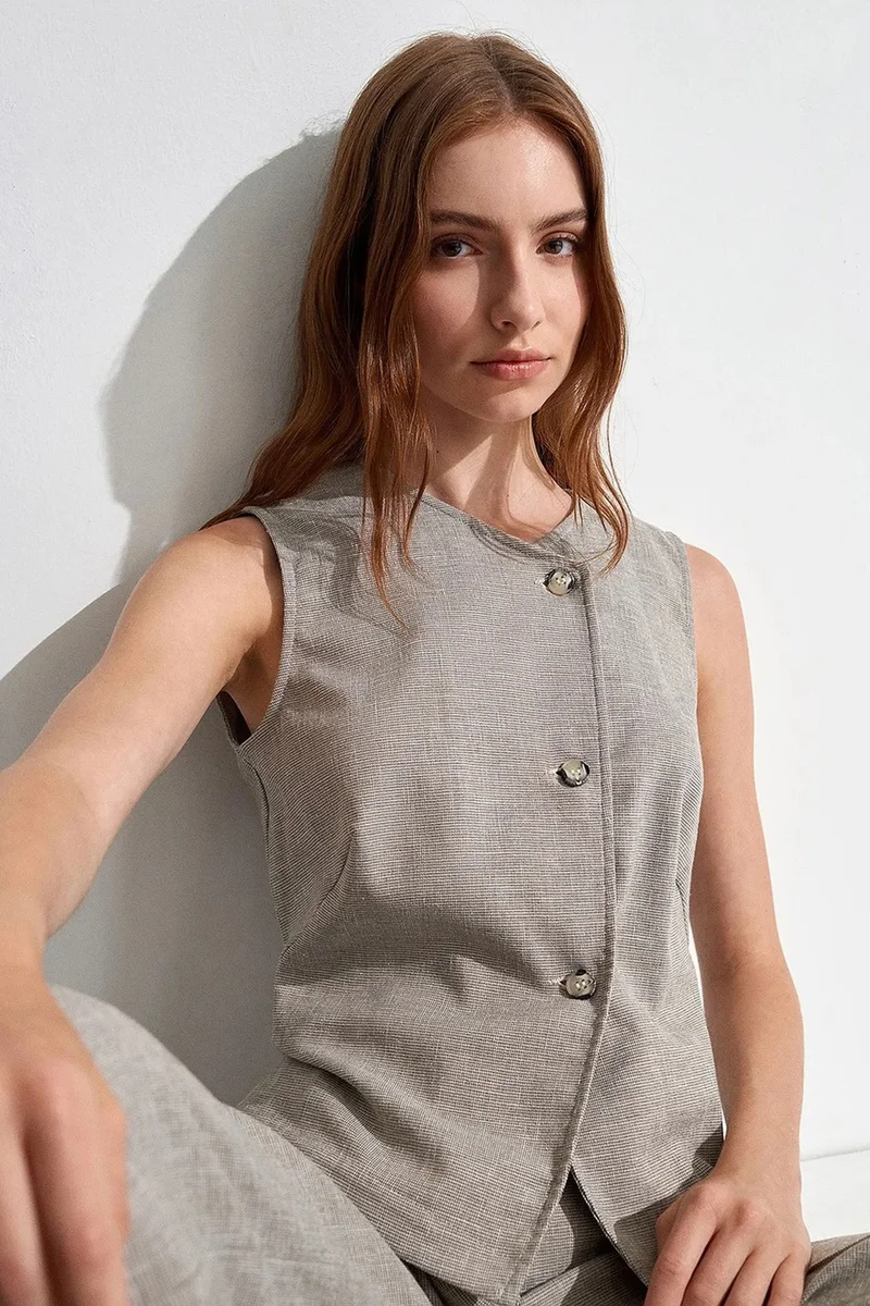 Dilvin Light Grey DILVIN Fitted Woven Waistcoat With Button Front for Women | Best Price UAE