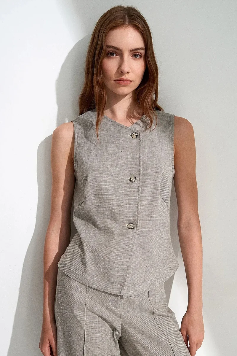 Dilvin Light Grey DILVIN Fitted Woven Waistcoat With Button Front for Women | Best Price UAE