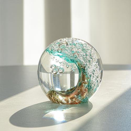 ZEERSHEE 2.3''Hand Blown Glass Figurines Ball Green Ocean Wave Desin Crystal Ball Unique Ocean Themed Home Decor Gift for Nature Lovers - Image 2