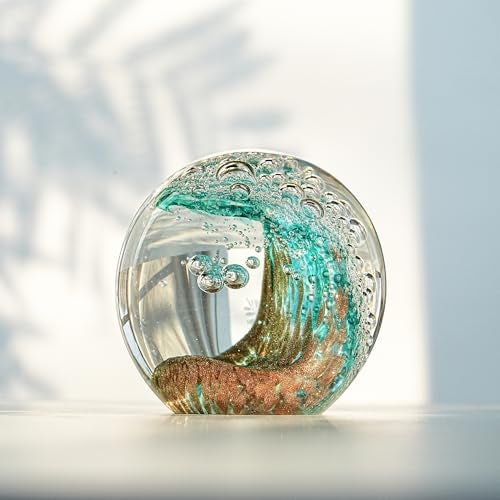 ZEERSHEE 2.3''Hand Blown Glass Figurines Ball Green Ocean Wave Desin Crystal Ball Unique Ocean Themed Home Decor Gift for Nature Lovers - Image 5