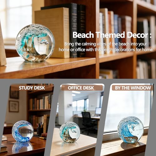 ZEERSHEE 2.3''Hand Blown Glass Figurines Ball Green Ocean Wave Desin Crystal Ball Unique Ocean Themed Home Decor Gift for Nature Lovers - Image 4