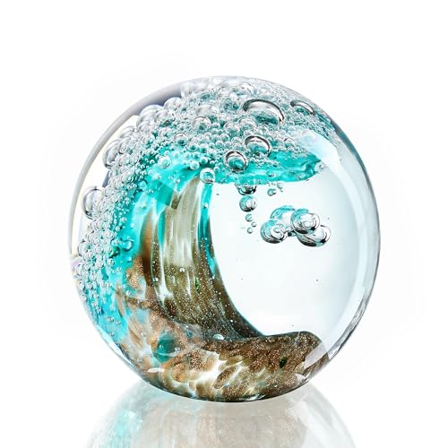 ZEERSHEE 2.3''Hand Blown Glass Figurines Ball Green Ocean Wave Desin Crystal Ball Unique Ocean Themed Home Decor Gift for Nature Lovers - Image 1