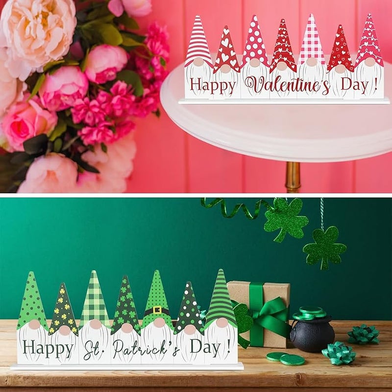 DECSPAS 1PC Double-sided Pink Green Gnome - Valentines & St Patricks Day Decorations, Happy Valentine's Day Sign for Home, Table, Mantle - Image 3