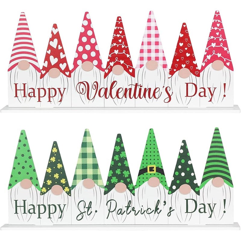 DECSPAS 1PC Double-sided Pink Green Gnome - Valentines & St Patricks Day Decorations, Happy Valentine's Day Sign for Home, Table, Mantle - Image 1
