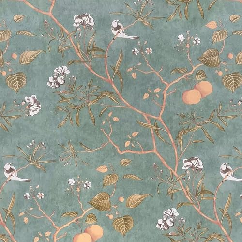 Laatse Green Floral Wallpaper Peel and Stick Bird Wallpaper 17.5" x 78.7" Vintage Floral Contact Paper Waterproof Vinyl Self Adhesive Modern Wall Paper Wall Covering for Bedroom Walls Cabinet Locker - Image 1