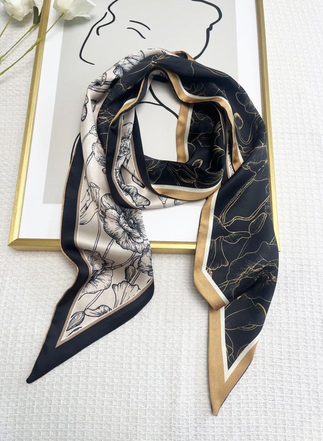 Julunar Hair Scarf for Women Silky Long Neck Head Scarves Purse Bag Scarfs for Handbag Satin Headscarf, 022.black & Brown Floral, long - Image 3