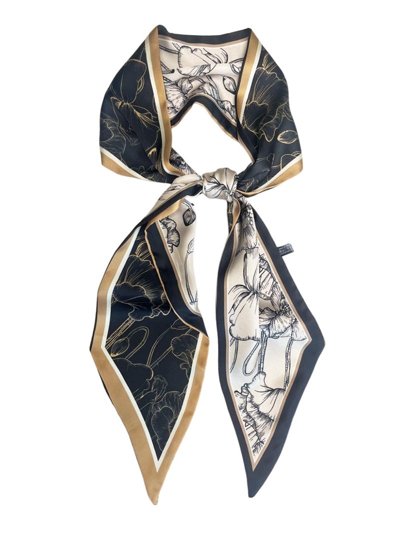 Julunar Hair Scarf for Women Silky Long Neck Head Scarves Purse Bag Scarfs for Handbag Satin Headscarf, 022.black & Brown Floral, long - Image 1