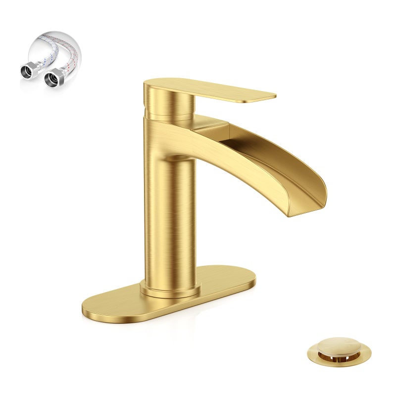 Phiestina Single Handle Waterfall Faucet for Bathroom Sink in Brushed Gold Finish with 6Inch Deck PlateMetal Pop Up Drain Assembly CUPC Water Supply LinesNSSF01BG