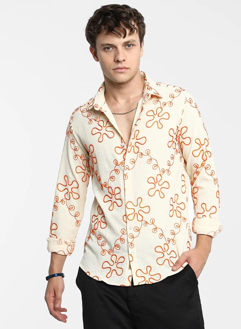 Campus Sutra Men's Peach Orange Flora-Weave Shirt For Casual Wear | Spread Collar | Long Sleeve | Button Closure | Shirt Crafted With Comfort Fit For Everyday Wear