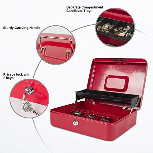 KYODOLED Locking Cash Box with Lock,Money Box with Cash Tray,Lock Safe Box with Key,Money Saving Organizer,11.81Lx 9.45Wx 3.54H Inches,Red XL Large - Image 2