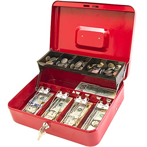KYODOLED Locking Cash Box with Lock,Money Box with Cash Tray,Lock Safe Box with Key,Money Saving Organizer,11.81Lx 9.45Wx 3.54H Inches,Red XL Large - Image 1