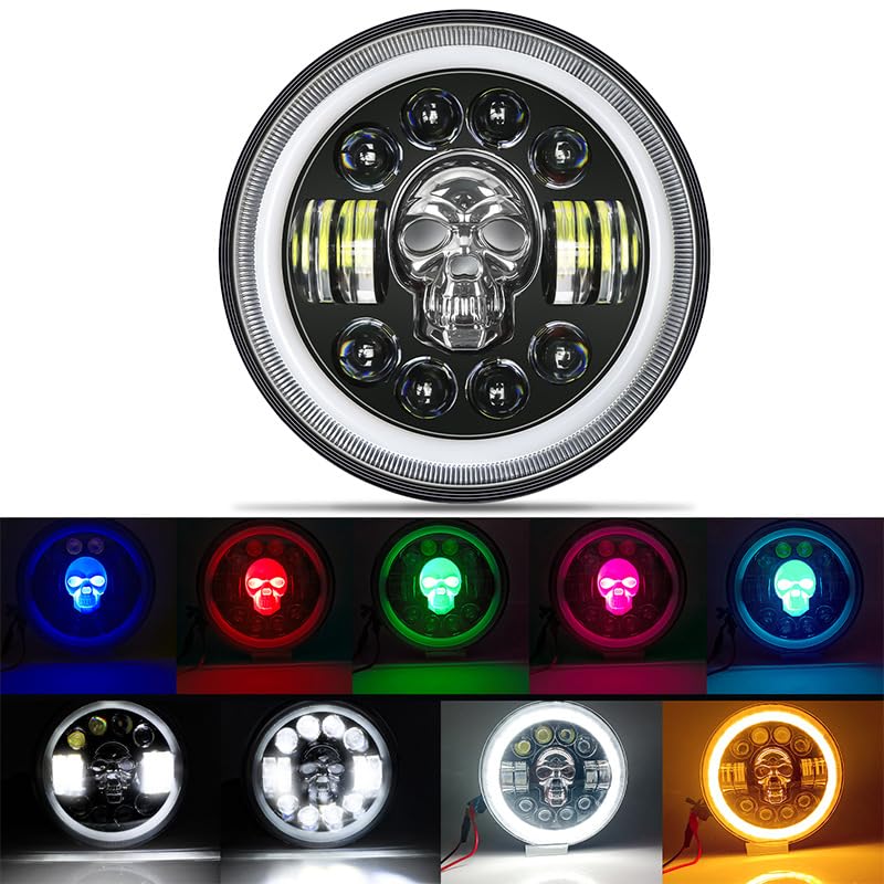 ELTRON TURBO LED Headlight DRL with Turn Signal Indicator 12V 240W multicolour Light Compatible with Classic/Standard Bullet Motorcycle, THAR CARS 7 INCH (Skull Design) - Image 1