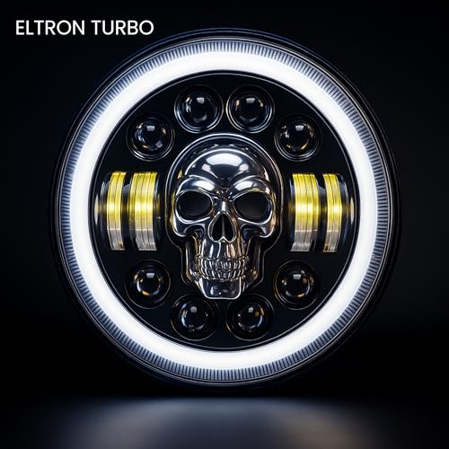 ELTRON TURBO LED Headlight DRL with Turn Signal Indicator 12V 240W multicolour Light Compatible with Classic/Standard Bullet Motorcycle, THAR CARS 7 INCH (Skull Design) - Image 2