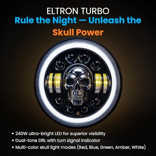 ELTRON TURBO LED Headlight DRL with Turn Signal Indicator 12V 240W multicolour Light Compatible with Classic/Standard Bullet Motorcycle, THAR CARS 7 INCH (Skull Design) - Image 4