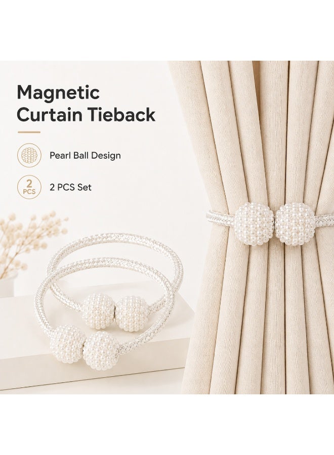 2 Pieces Magnetic Curtain Tie Backs - Pearl Ball Curtain Magnetic TieBacks, European Drapes Clips Rope Holdbacks for Home, Office, Hotel Window Decorative - Image 1