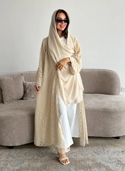 Lusin Abaya Beige Lace Semi-Flared Abaya