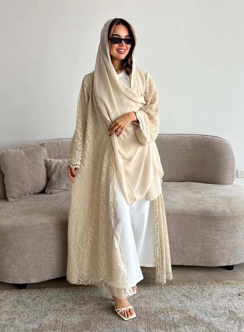 Lusin Abaya Beige Lace Semi-Flared Abaya