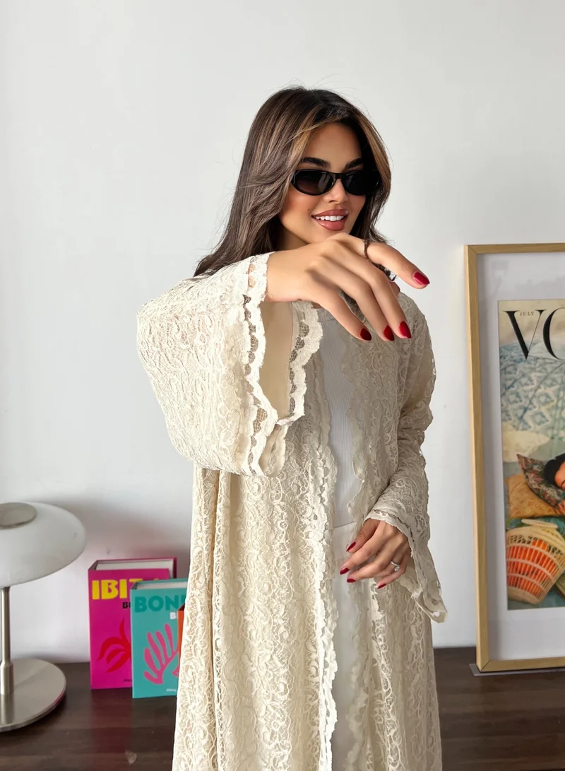 Lusin Abaya Beige Lace Semi-Flared Abaya
