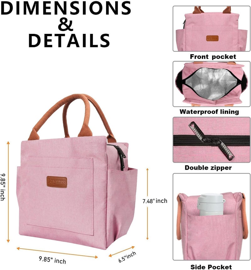 Joymee Lunch Bag Women Insulated Lunch Box Reusable Leakproof Large Spacious Cooler Tote for Womens Mens Adults with Bottle Holder and Side Pockets for Work Office Travel Picnic - Light Pink - Image 2
