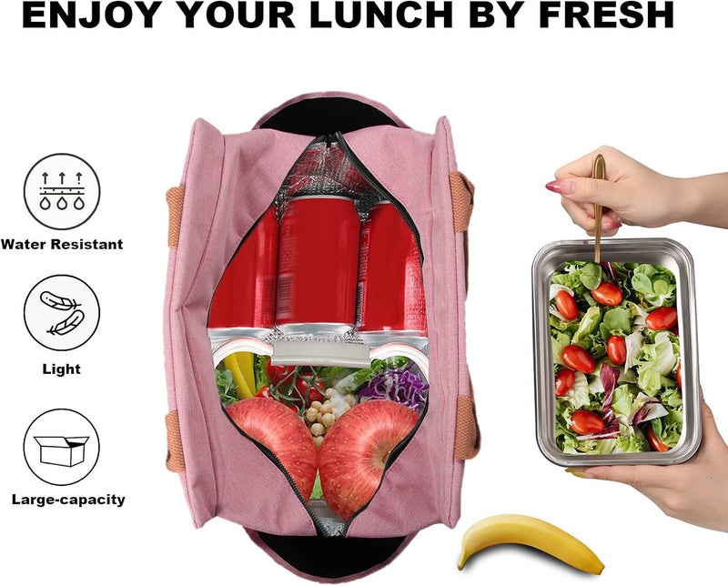 Joymee Lunch Bag Women Insulated Lunch Box Reusable Leakproof Large Spacious Cooler Tote for Womens Mens Adults with Bottle Holder and Side Pockets for Work Office Travel Picnic - Light Pink - Image 3
