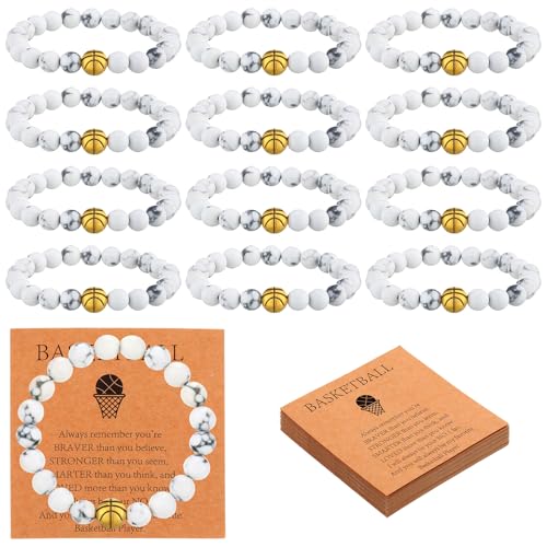 Ecation 12 Sets Sport Bracelets Lave Stone Beaded Elastic Stretch Bracelets with Inspirational Card Bulk Team for Football Volleyball Golf Baseball Basketball Soccer(White,Basketball) - Image 1