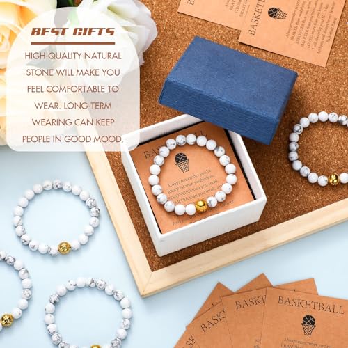 Ecation 12 Sets Sport Bracelets Lave Stone Beaded Elastic Stretch Bracelets with Inspirational Card Bulk Team for Football Volleyball Golf Baseball Basketball Soccer(White,Basketball) - Image 3
