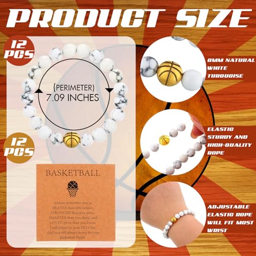 Ecation 12 Sets Sport Bracelets Lave Stone Beaded Elastic Stretch Bracelets with Inspirational Card Bulk Team for Football Volleyball Golf Baseball Basketball Soccer(White,Basketball) - Image 2