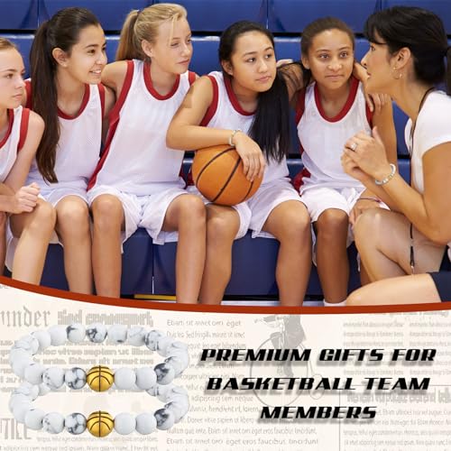 Ecation 12 Sets Sport Bracelets Lave Stone Beaded Elastic Stretch Bracelets with Inspirational Card Bulk Team for Football Volleyball Golf Baseball Basketball Soccer(White,Basketball) - Image 5