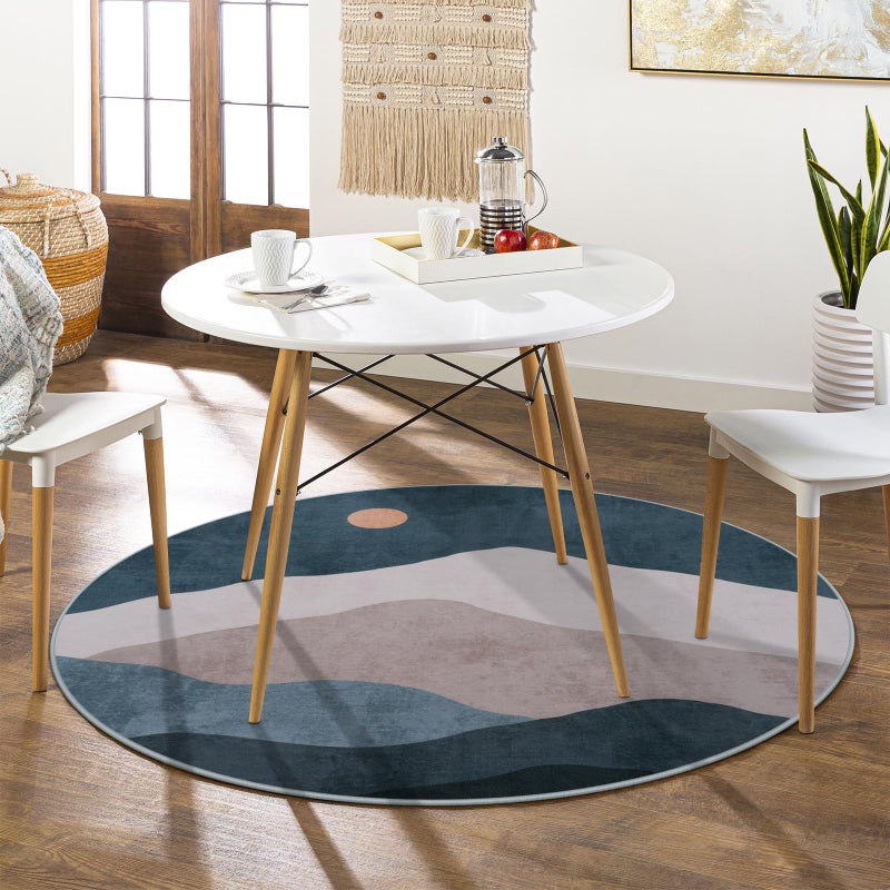 Sungea 4ft Abstract Round Area Rug,Chic Faux Wool Washable Non-Slip Sun and Mountain Circle Rug,Soft Ultra-Thin Throw Rugs for Living Room/Bedroom/Office/Entryway/Kitchen(Blue) - Image 2