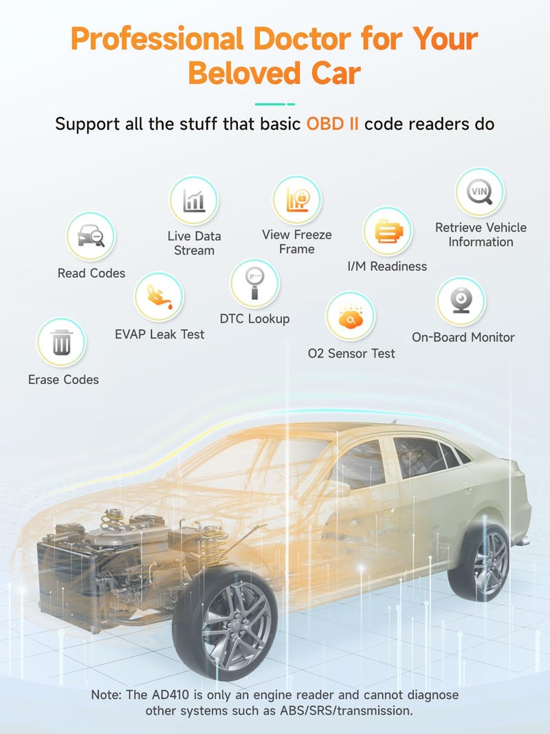 ANCEL AD410 Enhanced OBD2 Scanner, Vehicle Code Reader for Check Engine Light, Automotive OBD II Scanner Fault Diagnosis, OBDII Scan Tool for All OBDII Cars 1996+, Black/Yellow - Image 2