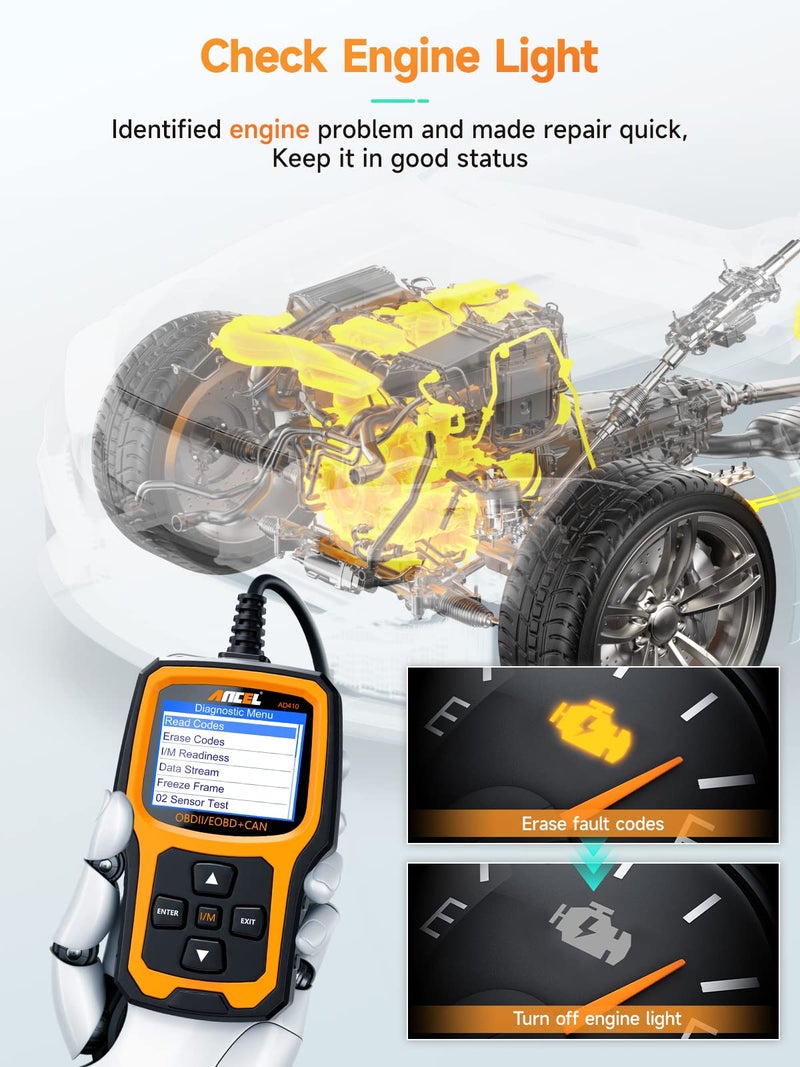 ANCEL AD410 Enhanced OBD2 Scanner, Vehicle Code Reader for Check Engine Light, Automotive OBD II Scanner Fault Diagnosis, OBDII Scan Tool for All OBDII Cars 1996+, Black/Yellow - Image 3