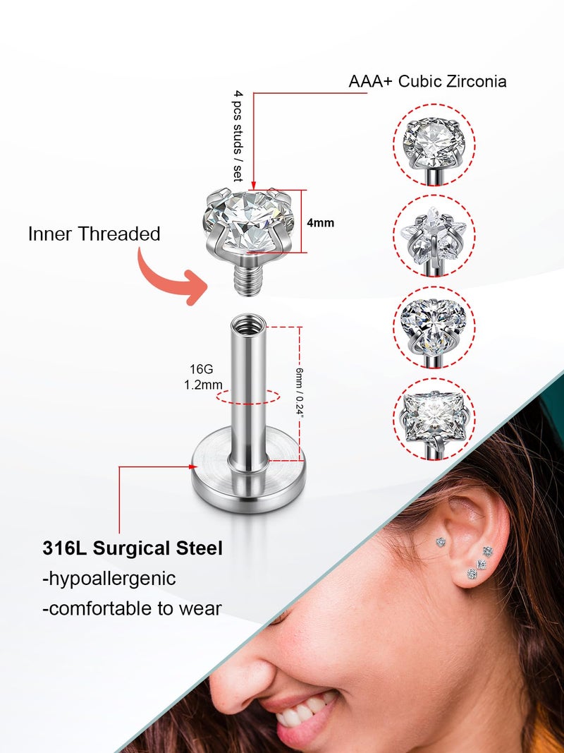 PiercingJ 2-4pcs 16g 316L Stainless Steel 3mm Cubic Zirconia Labret Monroe Lip Ring/Tragus/Helix Earring,6-12mm Bar Length 1 - Image 2