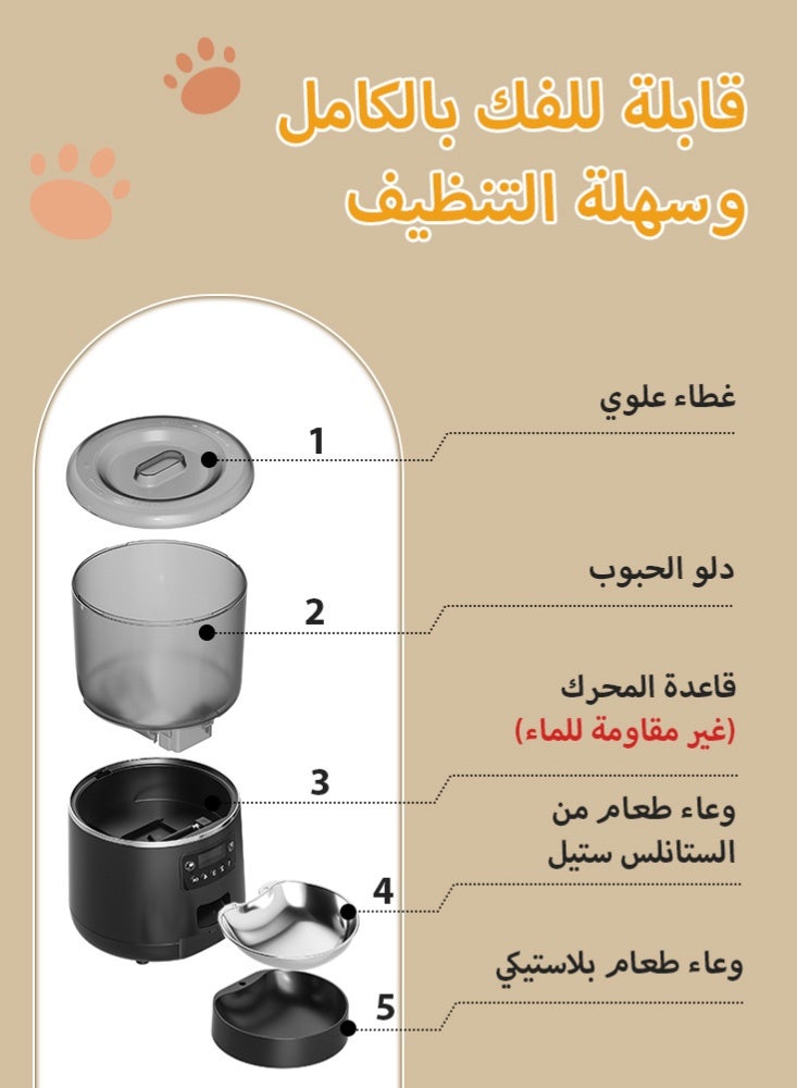 لابيت مغذي أوتوماتيكي للقطط بسعة 4 لتر – جهاز ذكي من الستانلس ستيل مع مؤقت، تصميم مضاد للانحشار، مثالي للاستخدام اليومي والسفر (للقطط والكلاب الصغيرة والمتوسطة) - Image 3
